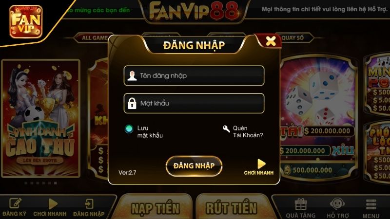 nhập thông tin đăng nhập fanvip